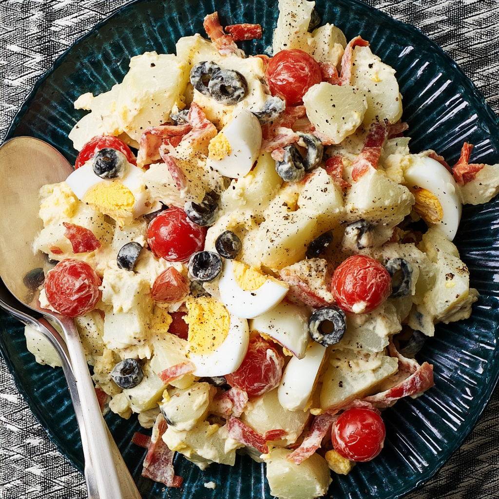 potato salad with cherry tomatoes and black olives