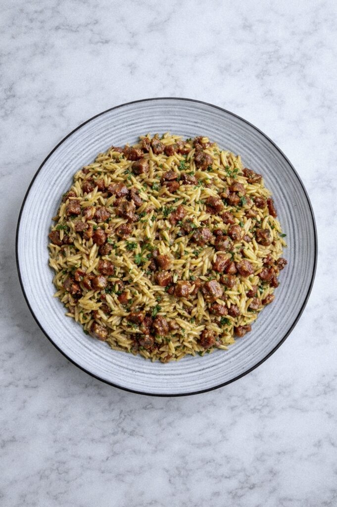 Chorizo Orzo with Sun-Dried Tomatoes